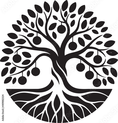 Tree silhouettes stylized illustrations black and white intricate leaf patterns circular fruits organic branching structures varied tree shapes symbolic tree of life roots visible