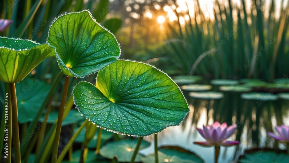 Fototapeta premium Lotus Pond Landscape with Dew Drops and Warm Sunset Lighting