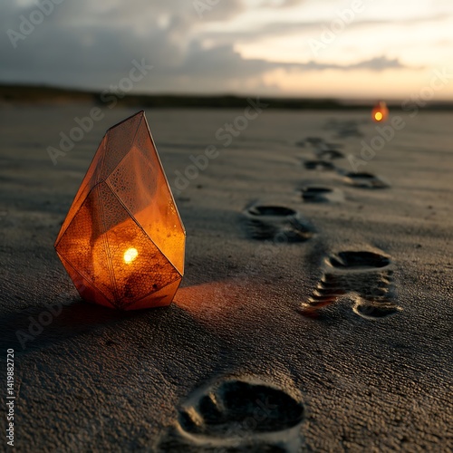 Lantern on beach with footprints at sunset