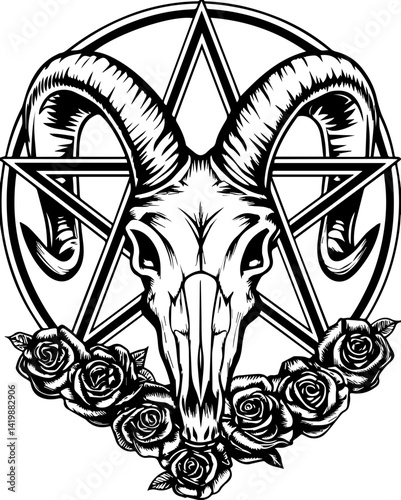 Dark Gothic skull with gothic creature companions in SVG vector style. Intricate Black and White Illustration of Goat Skull with Roses and Star