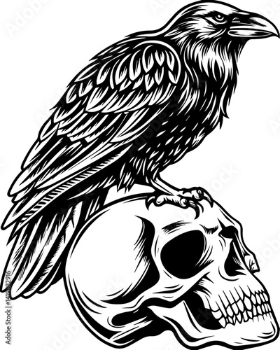 Dark Gothic skull with gothic creature companions in SVG vector style. Bold Raven Perched on Skull in Striking Black and White Artwork Design