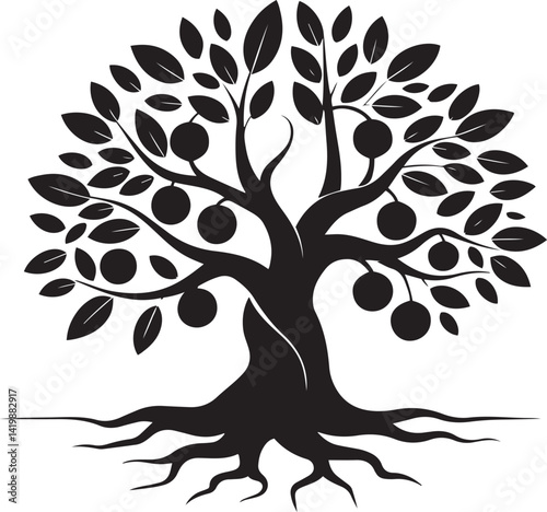 Tree silhouettes stylized illustrations black and white intricate leaf patterns circular fruits organic branching structures varied tree shapes symbolic tree of life roots visible