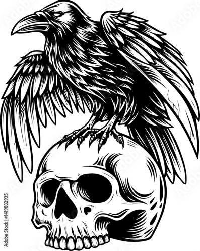 Dark Gothic skull with gothic creature companions in SVG vector style. Raven Perched on Skull Vintage Black and White Illustration Artwork