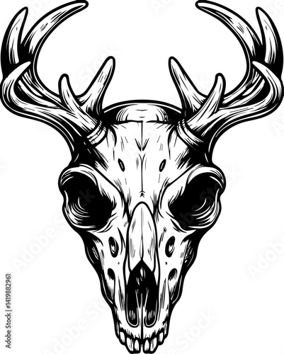 Dark Gothic skull with gothic creature companions in SVG vector style. Detailed Black and White Illustration of a Deer Skull with Antlers