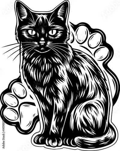 Dark Gothic skull with gothic creature companions in SVG vector style. Black Cat Sitting with Large Paw Print Background in Retro Style Design