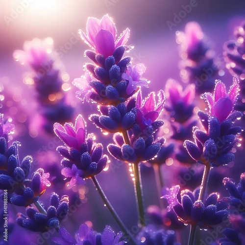 Lavender Flowers in Sunset Light Close Up