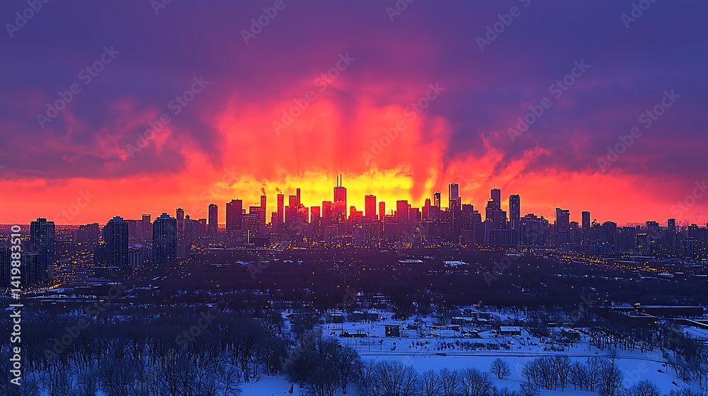 Naklejka premium Fiery Chicago Skyline at Sunrise