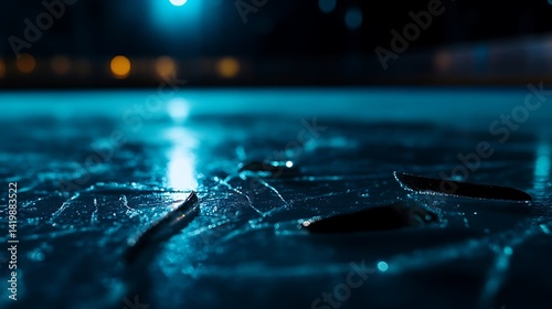 Close-up view of cracked ice surface at night.