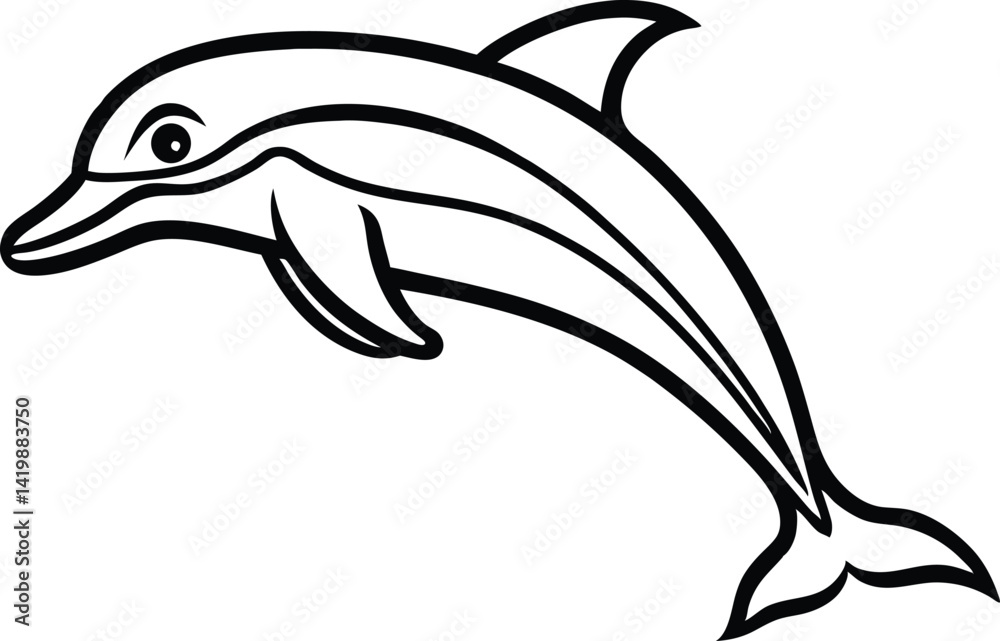 Obraz premium vector illustration of a dolphin, dolphin vector illustration, silhouette of a dolphin jumping, happy face reaction dolphin cartoon character head icon, outlined vector of jumping dolphin.