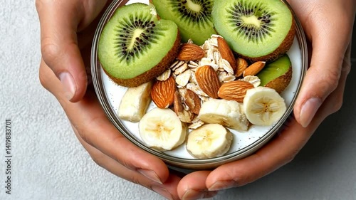 Fresh and Healthy Snack Bowl with Kiwi, Banana, Almonds, and Oats in a Person's Hands