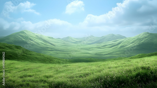 Green Hills And Lush Meadow Under Sunny Sky