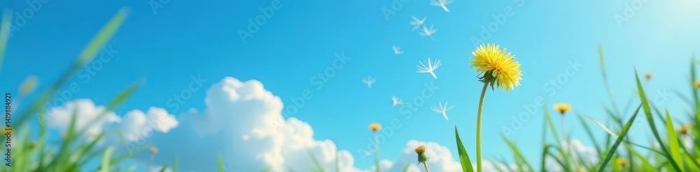 Delicate dandelion seeds drift on a vibrant blue sky , background, spring Delicate dandelion seeds drift on a vibrant blue sky , background, spring