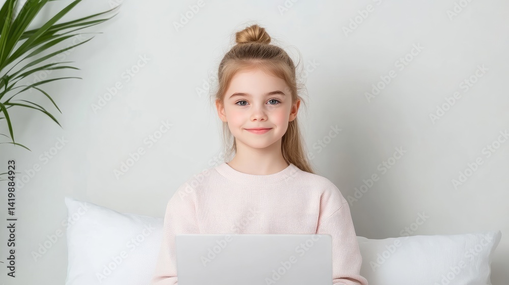 A young girl with blonde hair smiling while using a laptop, sitting on a white bed with pillows in a minimalistic room, and cozy and focused atmosphere. A young girl with blonde hair smiling while using a laptop, sitting on a white bed with pillows in a minimalistic room, and cozy and focused atmosphere.