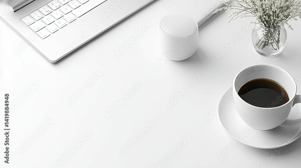 Clean workspace with laptop, coffee, and decor. Clean workspace with laptop, coffee, and decor.