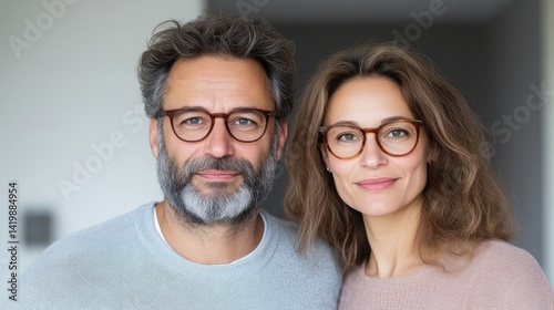 Couple wearing eyeglasses, close-up portrait