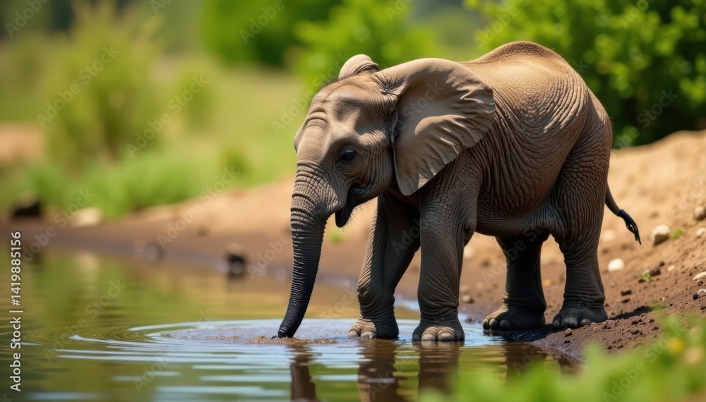 Fototapeta premium Baby elephant drinking from a watering hole, safari, water