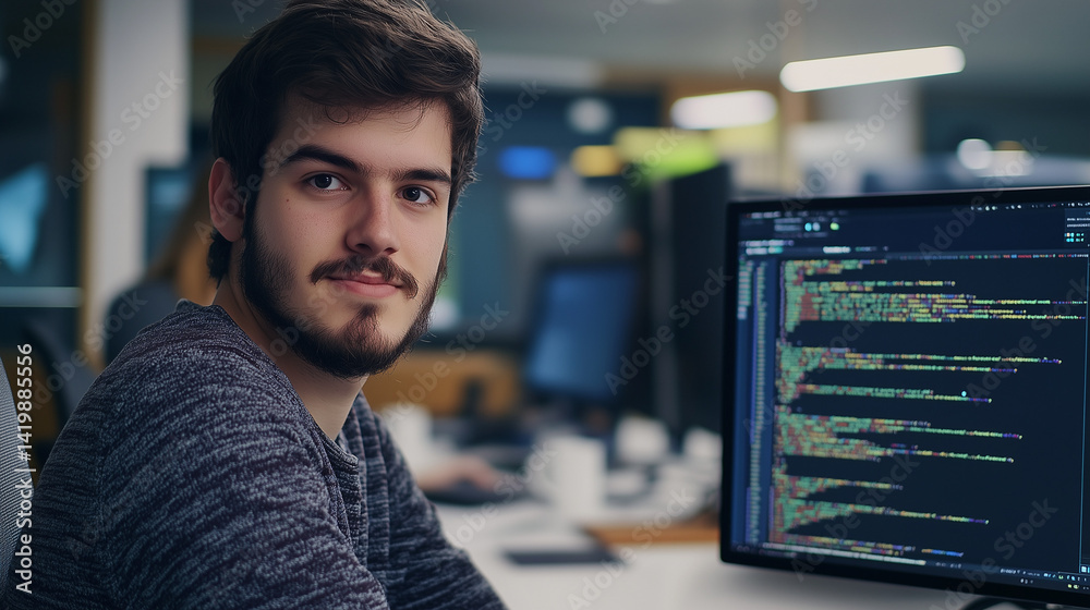 Fototapeta premium Focused programmer in casual attire, deep in thought, with a dramatic side light. Capturing the essence of concentration and creativity in modern w