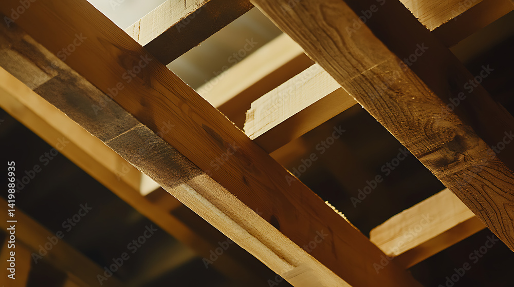 Fototapeta premium Construction laborer securing wooden beams for ceiling. Featuring strength and precision