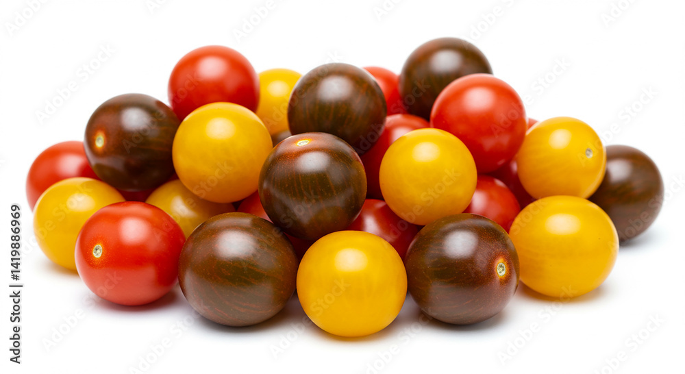 Pile of small tomatoes. Red tomatoes, yellow tomatoes, and brown tomatoes. Fresh vegetables arranged together. Healthy snack food on white surface. Simple colorful tomato group. Pile of small tomatoes. Red tomatoes, yellow tomatoes, and brown tomatoes. Fresh vegetables arranged together. Healthy snack food on white surface. Simple colorful tomato group.