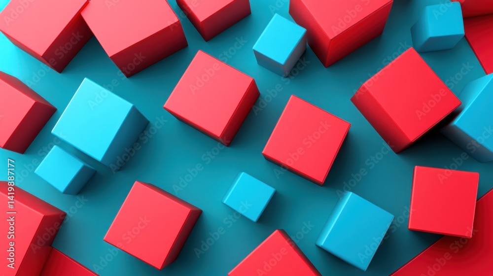 Obraz premium Abstract Red and Blue Cubes 3D Render: A Playful Composition of Geometric Shapes