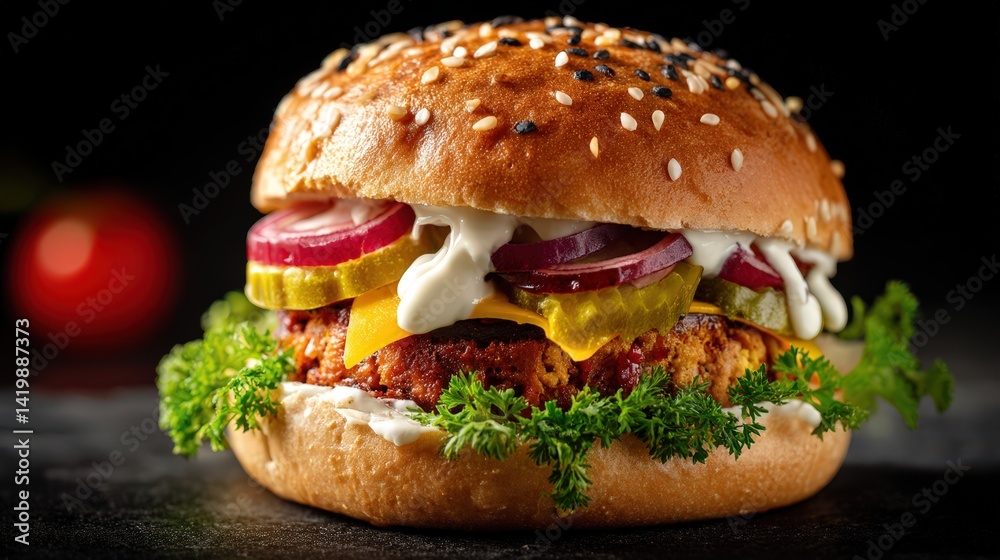 Scrumptious sandwich filled with meat and vegetables captured in realistic photography against a dark background Scrumptious sandwich filled with meat and vegetables captured in realistic photography against a dark background