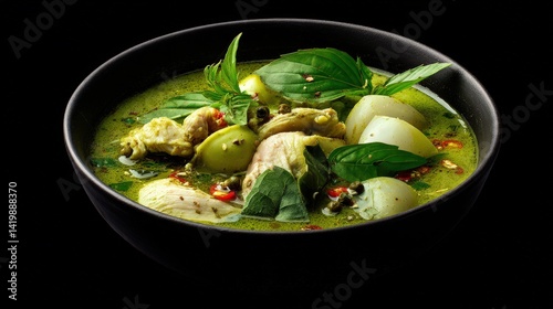 Stunning bowl of green curry with chicken displayed on a striking black background for culinary art