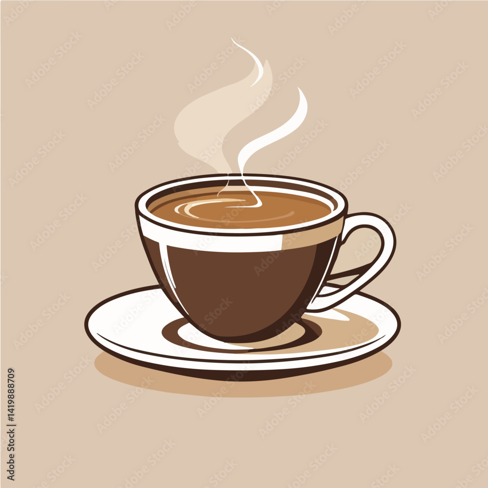 Obraz premium a cup of steaming hot coffee with a small saucer, drawn in solid brown and beige colors
