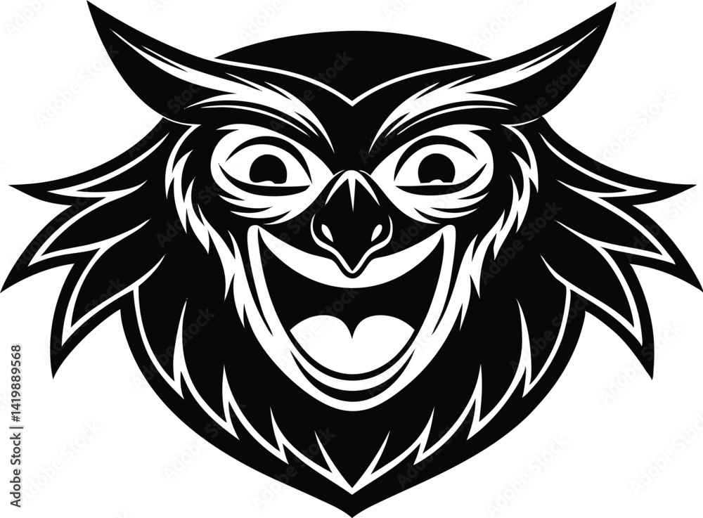 Fototapeta premium ghost type owl cartoon character head icon, smiling owl horror face silhouette icon, symbol of wow, emotion, smiling reaction face owl, halloween horror owl head, cute owl face on white background.