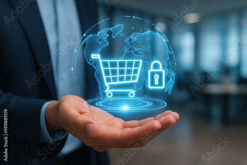 Futuristic concept of e-commerce in hand, holographic shopping cart, lock symbol, and world map icons glowing in business setting photo