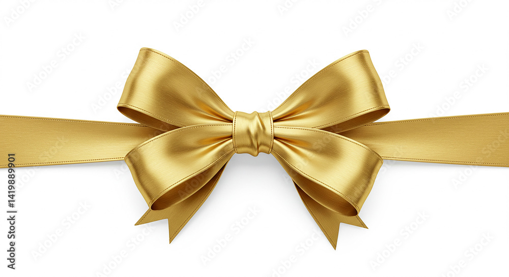 Gold bow tie rests on white. Ribbon tied in the center. Shiny fabric. Simple design. Elegant gift wrapping idea. Golden hue. Celebratory present. Isolated against plain background. Gold bow tie rests on white. Ribbon tied in the center. Shiny fabric. Simple design. Elegant gift wrapping idea. Golden hue. Celebratory present. Isolated against plain background.