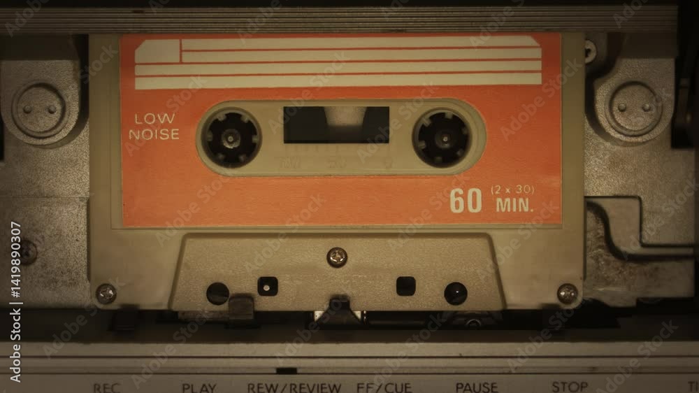 Old cassette tape playing in a deck. Close-up of a plastic, audio cassette tape playing in a vintage tape deck, evoking nostalgia for retro music technology