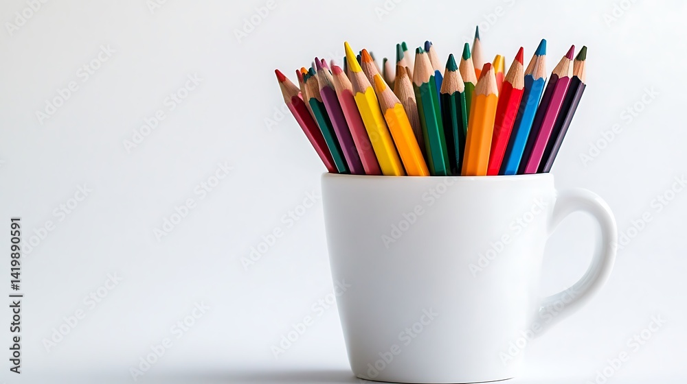 Colorful Pencils in White Mug on Plain Backdrop, Sharpened Tip Wooden, Bright Shade Colorful Pencils in White Mug on Plain Backdrop, Sharpened Tip Wooden, Bright Shade