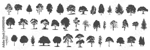Set of trees simple and realistic black fill branch and twig plant forest SVG. illustration.