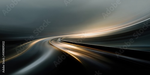 An abstract representation of a never-ending road, with long, sweeping lines in shades of dark grey, black, and muted gold. The road stretches into the distance, fading into a misty horizon.