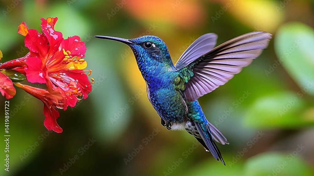 Fototapeta premium Vibrant hummingbird hovering near a vibrant red flower.