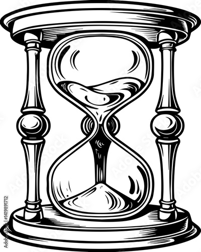 Dark Gothic skull with ornate gothic frames and elements in SVG vector style. Vintage Hourglass Illustration with Sand Flowing in Retro Style Design