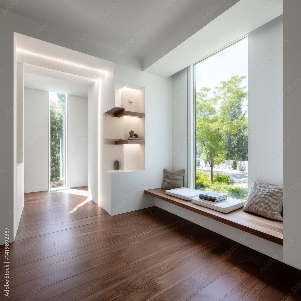 Fototapeta premium Modern Minimalist Interior Design with Natural Light and Greenery