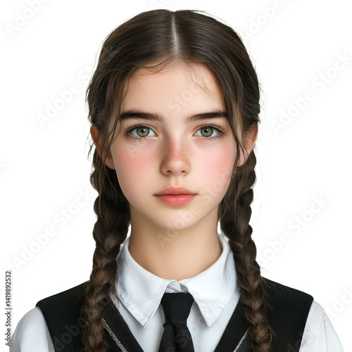 Portrait of a Caucasian teenage girl, aged 14-15 years, in school uniform, isolated on a transparent background photo