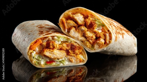 Exquisite buffalo chicken wrap displayed on a black background highlighting a tortilla filled with fresh ingredients