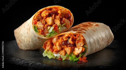 Tasty buffalo chicken burrito wrapped with flavorful ingredients captured in realistic photography against a dark background