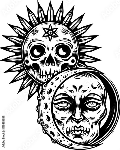 Dark Gothic skull infused with occult mysticism in a gothic SVG vector style. Skull with Sun and Moon Symbolism in Black and White Artwork Design