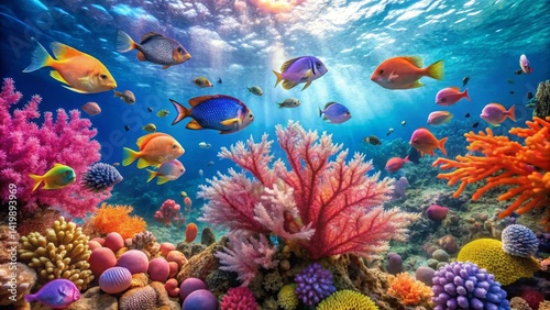 Vibrant Underwater Scene Showcasing a Diverse Array of Colorful Fish and Coral Reefs