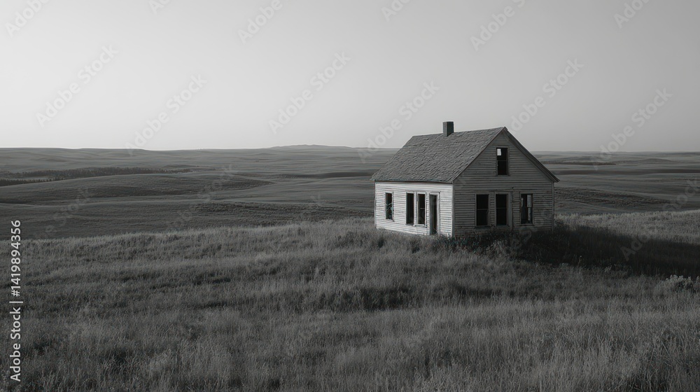 An abandoned house sits alone in a vast grassy landscape An abandoned house sits alone in a vast grassy landscape
