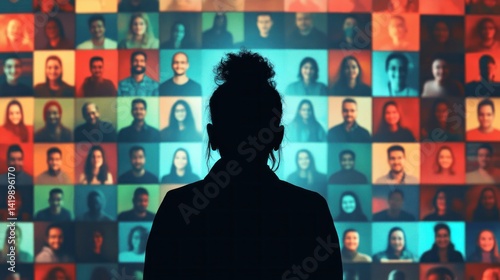 Person observing virtual meeting with diverse faces
