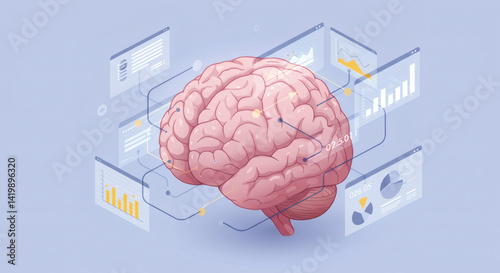 A brain is connected to data visualization displays, representing intelligence and information flow.