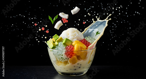 Indonesian Es Campur Dessert with Splash of Milk – Traditional Sweet Mixed Ice in High-Speed Motion