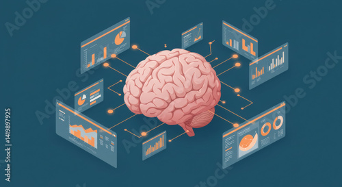 An illustrative depiction of a human brain with digital interfaces displaying data analysis.