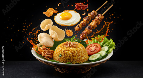 Indonesian Nasi Rames with Tempeh, Crackers, and Sambal – Floating Ingredients Food Splash Composition