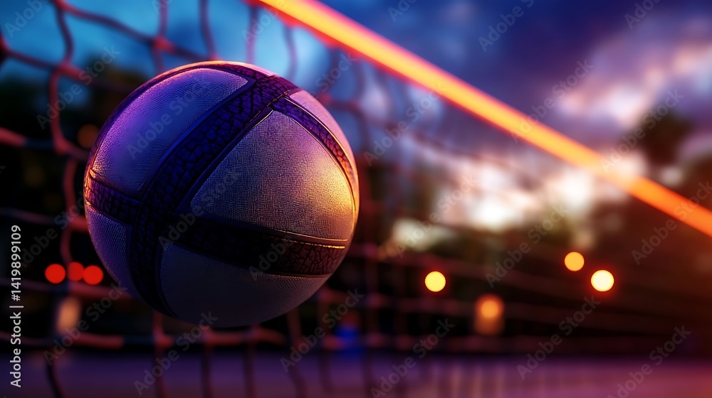 Silvery soccer ball suspended in net at twilight. Silvery soccer ball suspended in net at twilight.