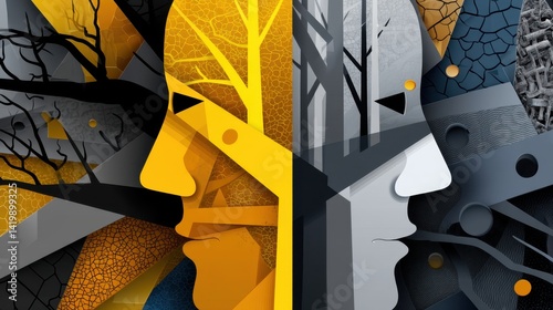 Abstract Geometric Art with Contrast of Warm and Cool Colors, Faces, and Tree Patterns photo